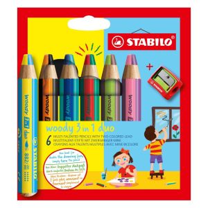 Multifunkčná farbička STABILO woody 3v1 duo - dvojfarebná tuha -  6 ks sada so strúhadlom