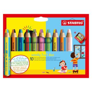 Multifunkčná farbička STABILO woody 3v1 duo - dvojfarebná tuha -  10 ks sada so strúhadlom