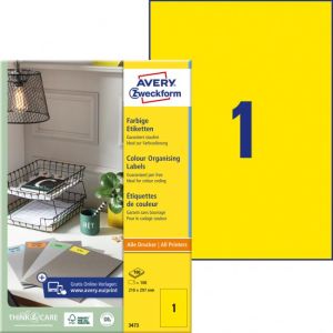 Etikety farebné 210x297mm Avery A4 100 hárkov žlté 