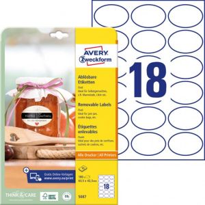 Etikety oválne 63,5x42,3mm Avery 10 hárkov biele 