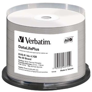 Verbatim DVD-R, DataLifePlus Wide Thermal Printable - No ID Brand, 43755, 4.7GB, 16x, spindle, 50-pack, 12cm, pre archiváciu dát
