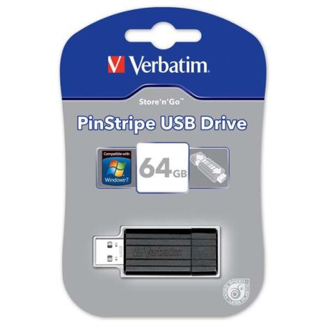 Verbatim USB flash disk, USB 2.0, 64GB, PinStripe, Store N Go, čierny, 49065, USB A, s výsuvným konektorom