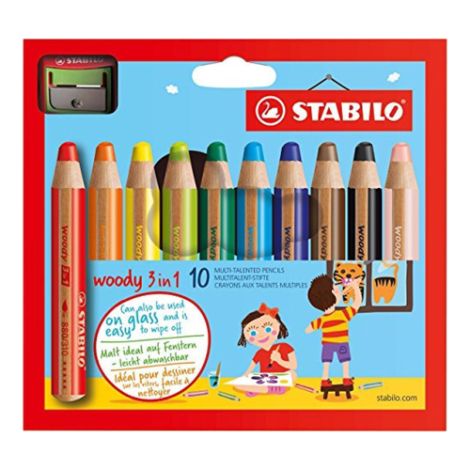 Pastelky STABILO woody 3 v 1 - farbička, vodovka, voskovka - 10 ks + strúhadlo