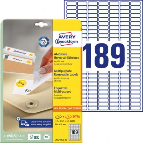 Etikety univerzálne odnímateľné 25,4x10mm Avery A4 25+5 hárkov 