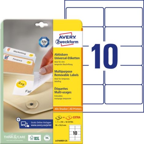 Etikety univerzálne odnímateľné 96x50,8mm Avery A4 25+5 hárkov 