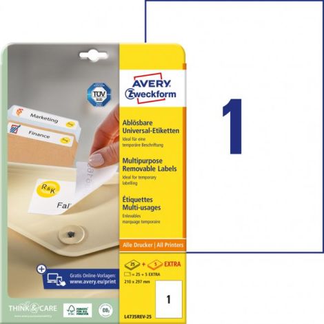 Etikety univerzálne odnímateľné 210x297mm Avery A4 25+5 hárkov 