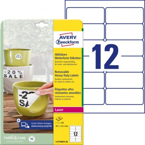Etikety polyesterové veľmi odolné 99,1x42,3mm Avery A4 biele odnímateľné 20 hárkov 