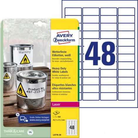 Etikety polyesterové veľmi odolné 45,7x21,2mm Avery A4 biele 20 hárkov 