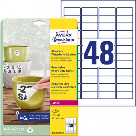 Etikety polyesterové veľmi odolné 45,7x21,2mm Avery A4 biele odnímateľné 20 hárkov 
