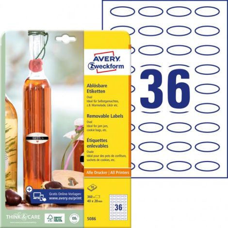Etikety oválne 40x20mm Avery 10 hárkov biele 