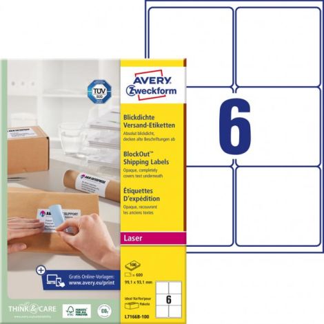 Etikety na zásielky 99,1x93,1mm Avery A4 100 hárkov, laser 