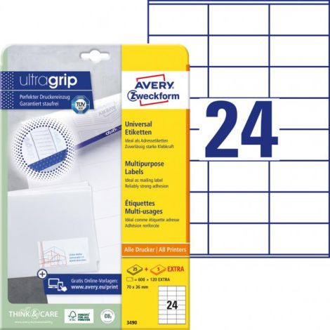 Etikety univerzálne 70x36mm Avery A4 25+5 hárkov 