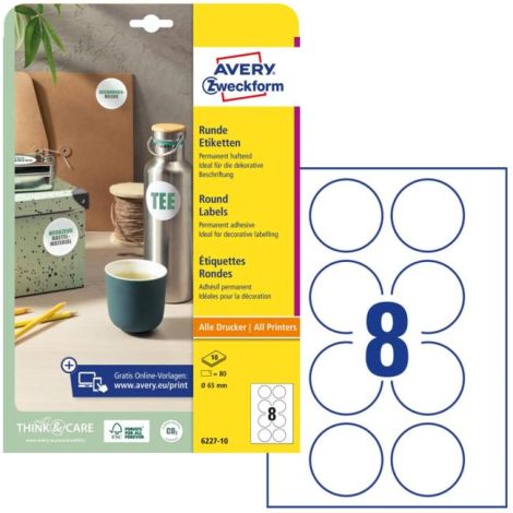 Etikety univerzálne kruhové 65mm Avery A4 10 hárkov 