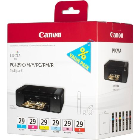 Cartridge Canon PGI-29, azúrová, purpurová, žltá, fotografická azúrová a purpurová, červená, multipack, originál