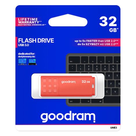 Goodram USB flash disk, USB 3.0, 32GB, UME3, oranžový, UME3-0320O0R11, USB A, s krytkou