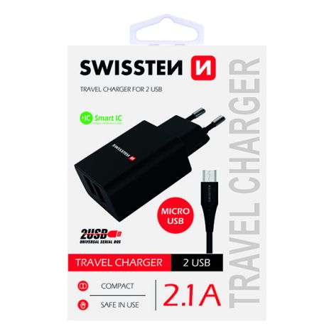 SWISSTEN, Sieťový adaptér, s microUSB kabelem, 100-240V, 5V, 2100mA, nabíjanie mobilných telefónov a in., čierny