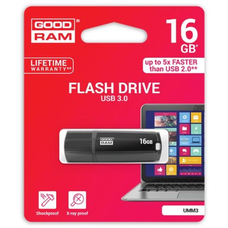 Goodram USB flash disk, USB 3.0, 16GB, UMM3, čierny, UMM3-0160K0R11, USB A, s krytkou