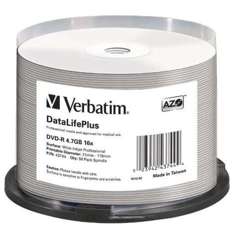 Verbatim DVD-R, DataLifePlus Wide Inkjetr Printable, 43744, 4.7GB, 16X, cake box, 50-pack, 12cm, pre archiváciu dát