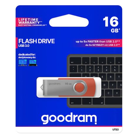 Goodram USB flash disk, USB 3.0, 16GB, UTS3, červený, UTS3-0160R0R11, USB A, s otočnou krytkou