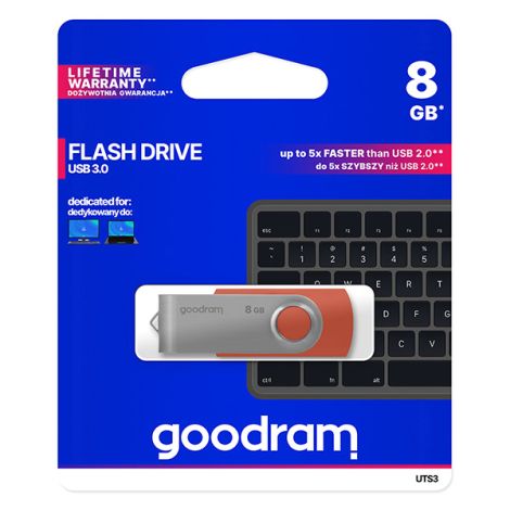 Goodram USB flash disk, USB 3.0, 8GB, UTS3, červený, UTS3-0080R0R11, USB A, s otočnou krytkou