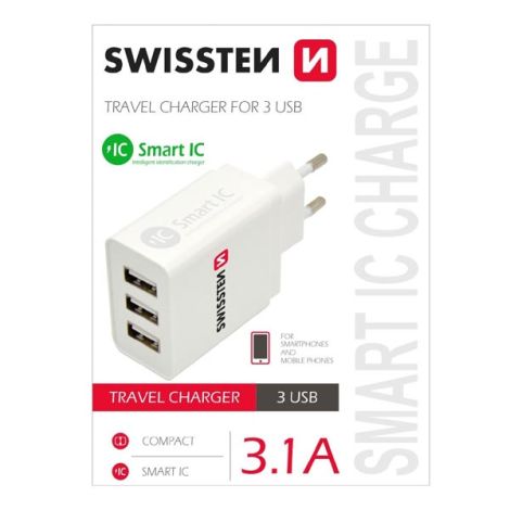 SWISSTEN, Sieťový adaptér, 3x USB 3,1A, 100-240V, 5V, 2400mA, biela