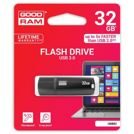 Goodram USB flash disk, USB 3.0, 32GB, UMM3, čierny, UMM3-0320K0R11, USB A, s krytkou
