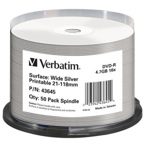 Verbatim DVD-R, DataLife PLUS, 50-pack, 4.7GB, 16X, 12cm, General, Standard, cake box, Wide Printable, pre archiváciu dát