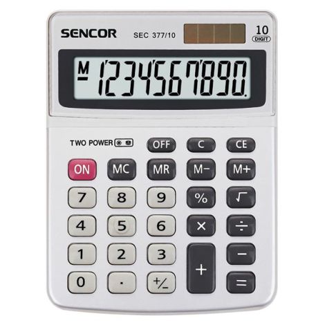 Sencor Kalkulačka SEC 377/10, šedá, stolová, desaťmiestna, duálne napájanie,kovový štítok pre väčšiu odolnosť