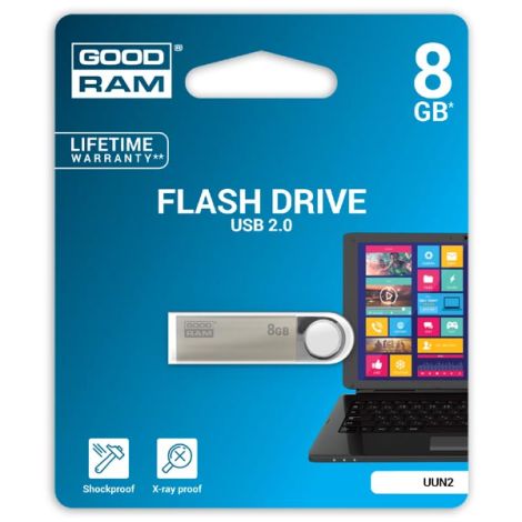 Goodram USB flash disk, USB USB 2.0, 8GB, UUN2, strieborný, UUN2-0080S0R11, USB A, s pútkom