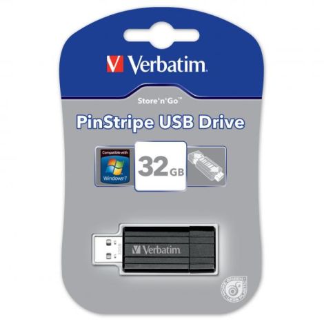 Verbatim USB flash disk, USB 2.0, 32GB, PinStripe, Store N Go, čierny, 49064, USB A, s výsuvným konektorom