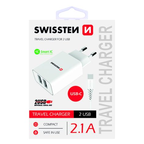 SWISSTEN, Sieťový adaptér, s USB-C kabelem, 100-240V, 5V, 2100mA, nabíjanie mobilných telefónov a in., biely