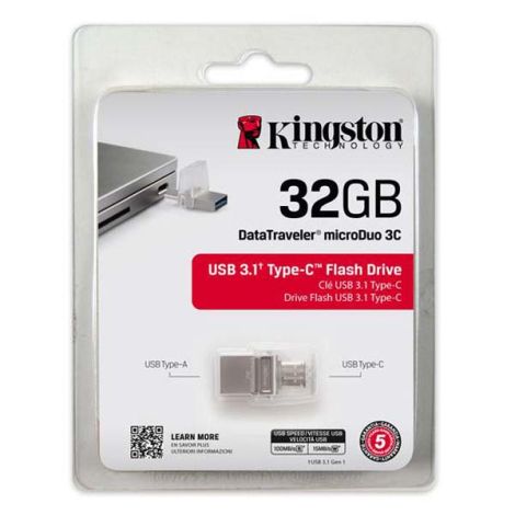 Kingston USB flash disk OTG, USB 3.0 (3.2 Gen 1), 32GB, DataTraveler microDuo 3C, strieborný, DTDUO3C/32GB, USB A / USB C, s kry