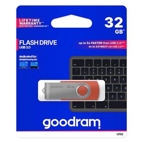 Goodram USB flash disk, USB 3.0, 32GB, UTS3, červený, UTS3-0320R0R11, USB A, s otočnou krytkou
