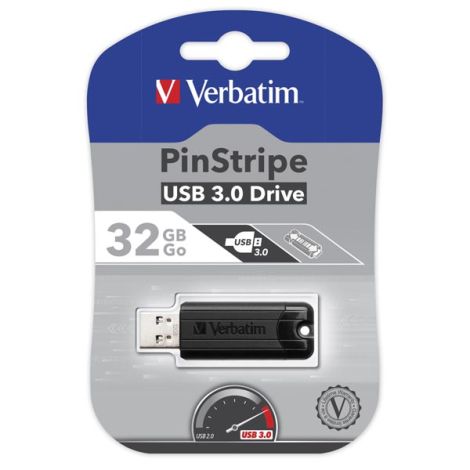 Verbatim USB flash disk, USB 3.0, 32GB, PinStripe, Store N Go, čierny, 49317, USB A, s výsuvným konektorom