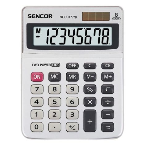 Sencor Kalkulačka SEC 377/8, šedá, stolová, osemmiestna, duálne napájanie,kovový štítok pre väčšiu odolnosť