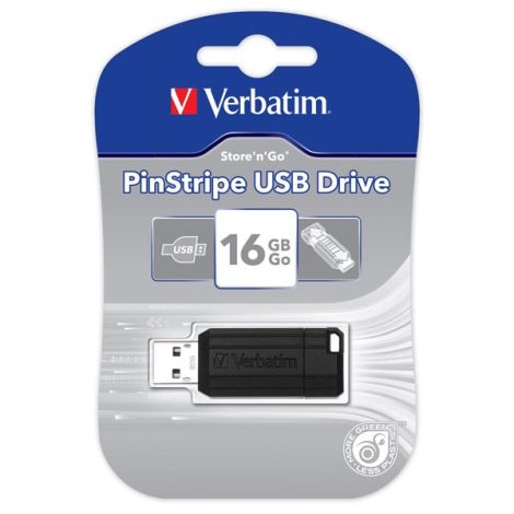 Verbatim USB flash disk, USB 2.0, 16GB, PinStripe, Store N Go, čierny, 49063, USB A, s výsuvným konektorom