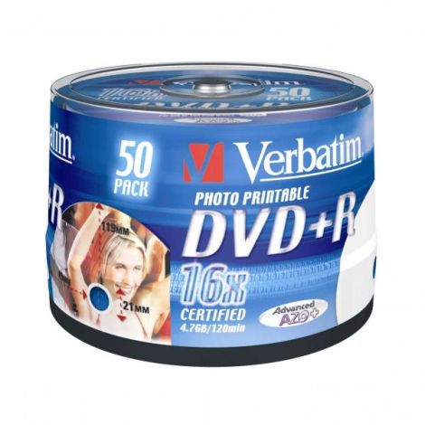 Verbatim DVD+R, Wide Inkjet Printable No ID Brand, 43512, 4.7GB, 16x, spindle, 50-pack, 12cm, pre archiváciu dát