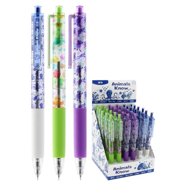 Pero guľôčkové M&G Animals Know 0,5 mm, modrá náplň (3 dizajny)