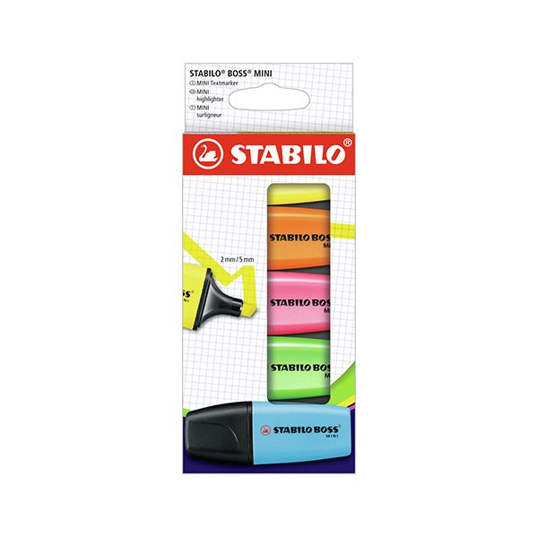 Zvýrazňovač  - STABILO BOSS MINI - 5 ks balenie - s 5 rôznymi farbami
