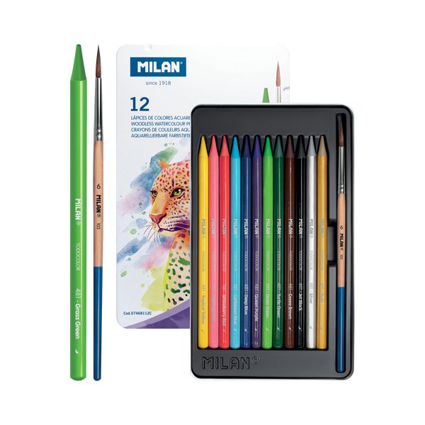Okrúhle akvarelové pastelky so štetcom v boxe MILAN - sada 12 ks