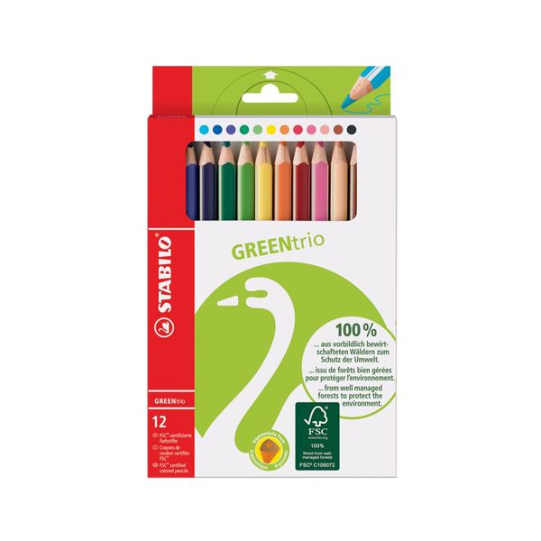 Pastelky trojhranné ekologické hrubé STABILO GREENtrio, 12 ks balenie s rôznymi farbami