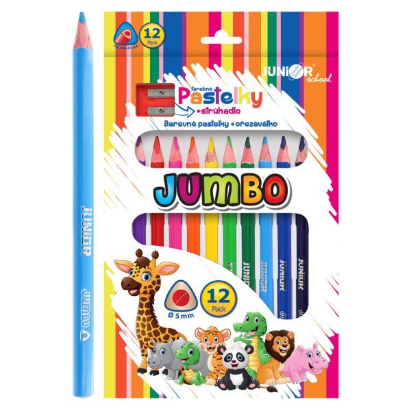 Pastelky trojhranné JUNIOR JUMBO ZOO - sada 12 ks + orezávatko zdarma