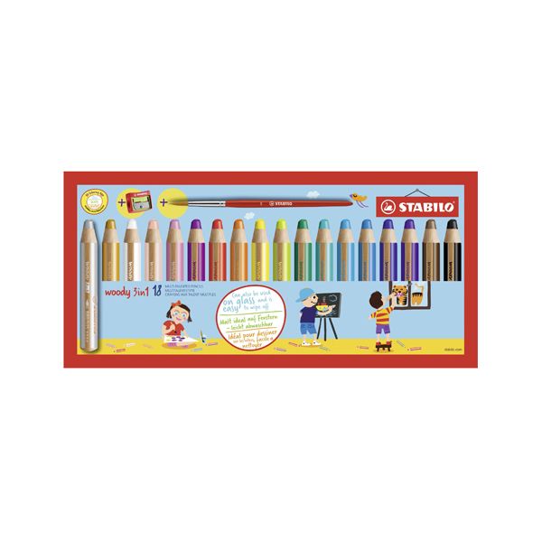 Pastelky STABILO woody 3 v 1 - farbička, vodovka, voskovka - 18 ks + strúhadlo a štetec