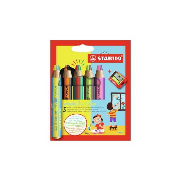 Multifunkčná farbička STABILO woody 3v1 duo - dvojfarebná tuha -  5 ks sada so strúhadlom