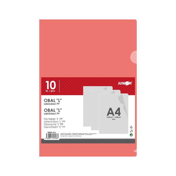 Obal zakladací "L" PP/A4, červený - sada 10 ks