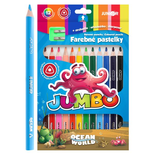 Pastelky JUNIOR Ocean World JUMBO trojhranné - sada 12 ks + strúhadlo