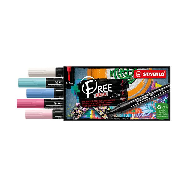 Akrylový popisovač STABILO FREE Acrylic T300 Okrúhly hrot 2-3 mm - Candy, sada 5 ks