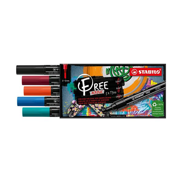 Akrylový popisovač STABILO FREE Acrylic T300 Okrúhly hrot 2-3 mm - Urban, sada 5 ks