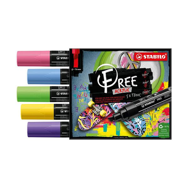 Akrylový popisovač STABILO FREE Acrylic T800C Klinový hrot 4-10 mm - Seaside, sada 5 ks