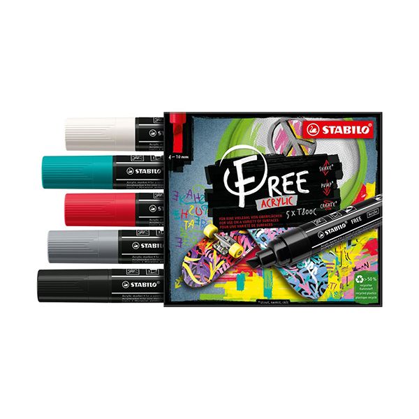 Akrylový popisovač STABILO FREE Acrylic T800C Klinový hrot 4-10 mm - Bold, sada 5 ks